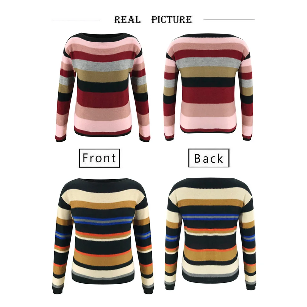 

Rainbow Patchwork Sweater Women Korean Style Slim Autumn Clothes Woman Pullover Knitted O-Neck Streetwear Women Sweaters