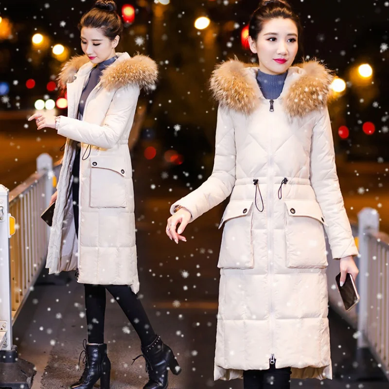 

2019New winter Women's down cotton jacket Fashion Wool collar Collect waist Slim Hooded big pocket overknee cotton-padded jacket
