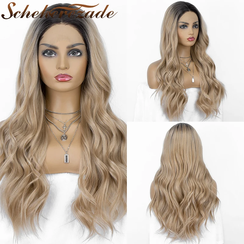 Gossamelle Blonde Lace Front Wig Synthetic Hair Long Body Wave  Synthetic Lace Front Wigs For Women  Ombre Light Brown Lace Wigs