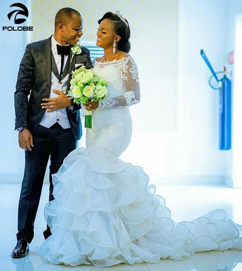

Custom Organza Long Sleeve Zipper Back Ruffles Tiered Mermaid Wedding Dress African Plus Size Bride Marriage Wedding Dresses