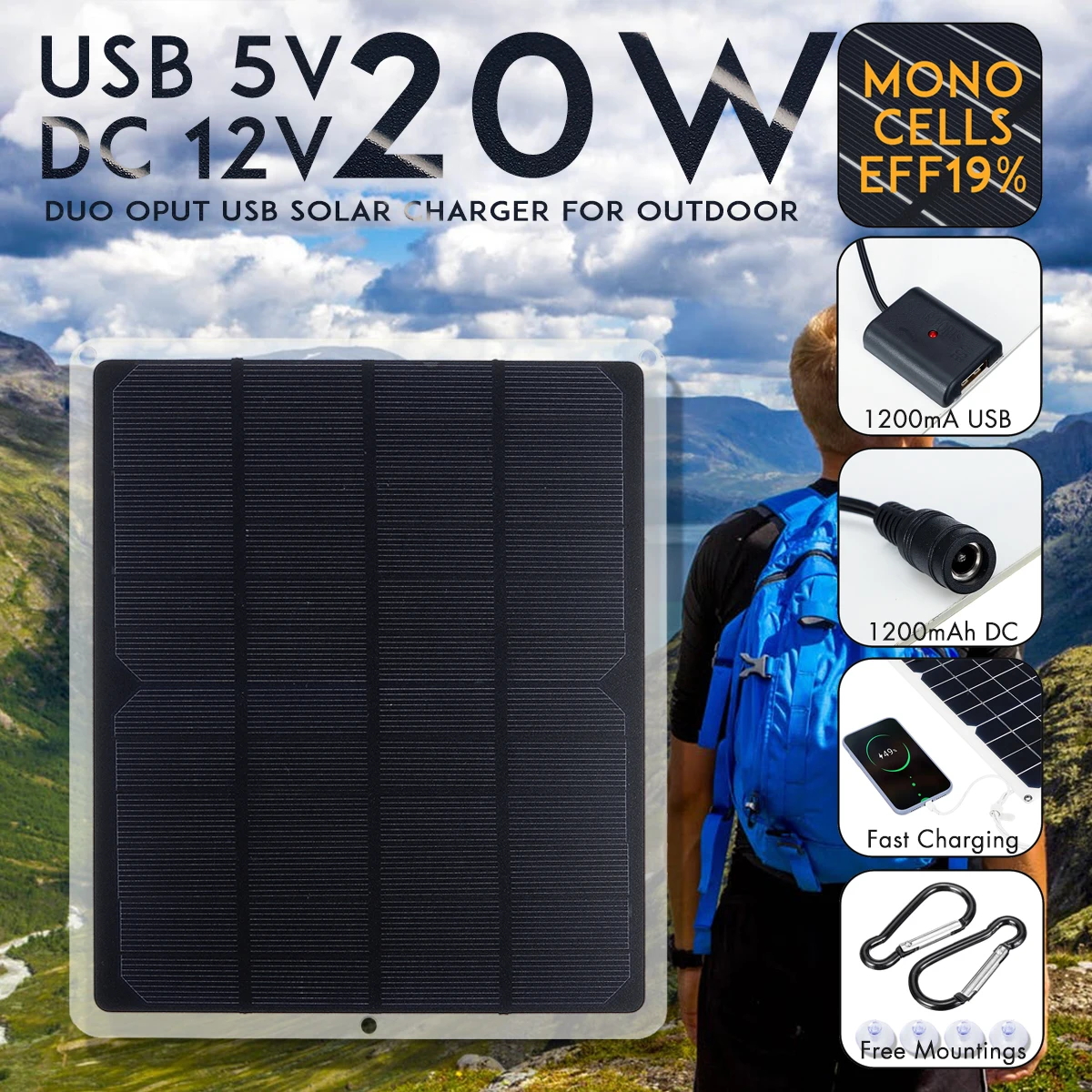 LEORY USB DC 12 В 5 в солнечная панель 20 Вт наружная портативная солнечная батарея быстрое Soalr зарядное устройство для аккумулятора зарядное устройство s прикуриватель