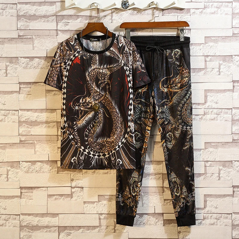 

New Fashion Summer Men Chinese Dragon Printed Trackstuis Men O-Neck Tshirts +Pants Preppy Style Mens Jogger Sets 6xl 7xl