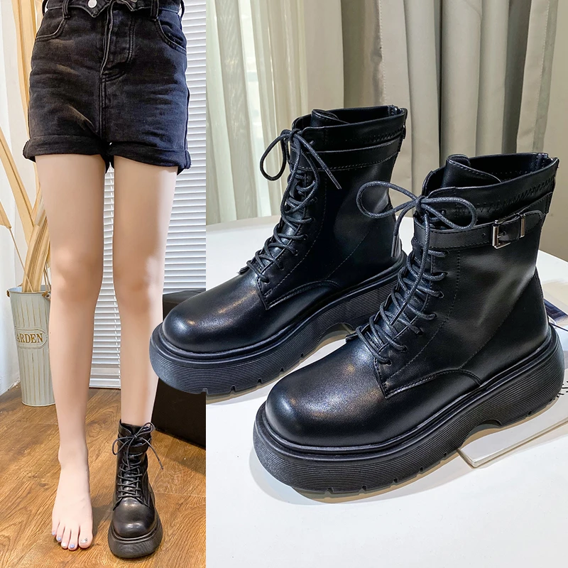 

Black Beige Boots Women Shoes Round Toe Platform Ankle Boots Korean Style Metal Buckle Thick Sole Short Boots 2021 NEW