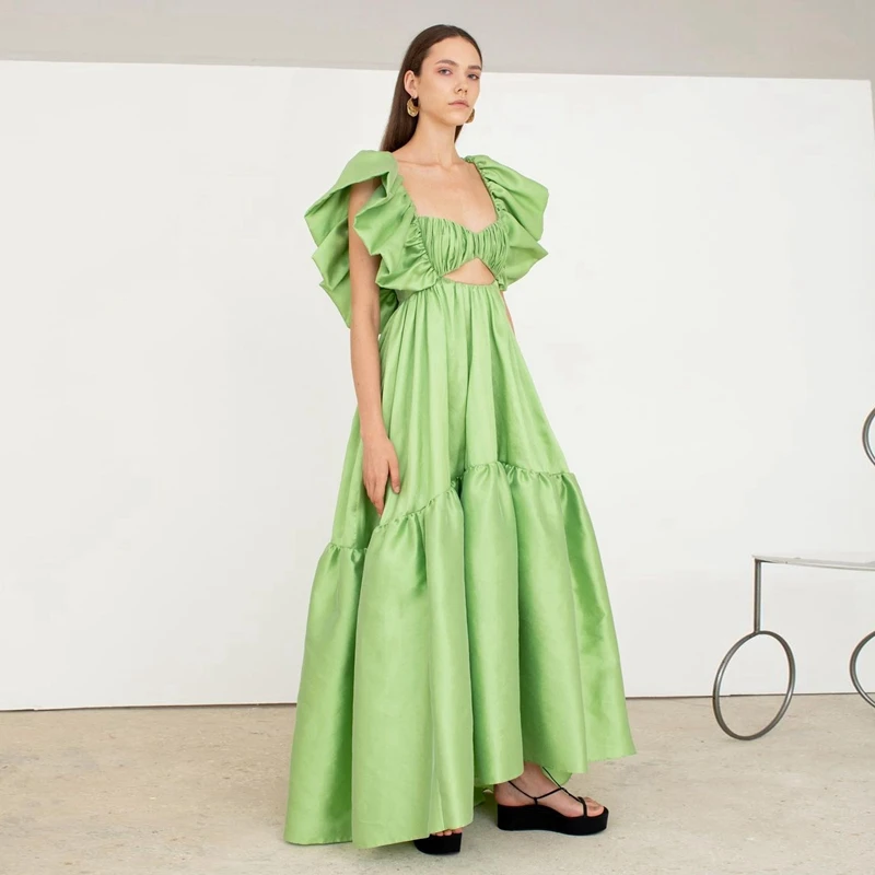 Chic Satin Dress Square Prom Dress Long Dress Ruffles Woman Clothes Casual Women's Dresses Taffeta Dress Ever Pretty Green Dress