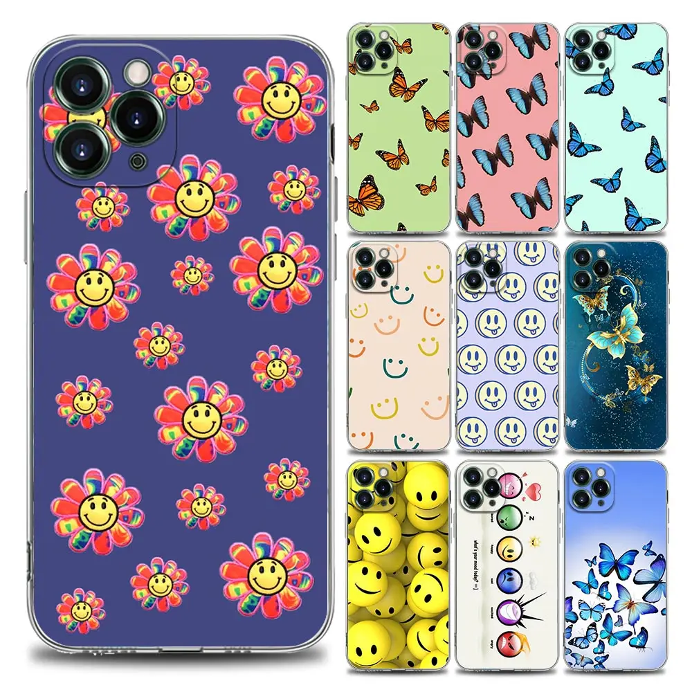

Smile Face and Butterfly Transparent Phone Case for iPhone 11 12 13 Pro Max 7 8 SE XR XS Max 5 5s 6 6s Plus Soft Silicon TPU