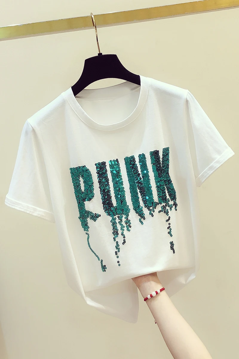 

Heavy Sequin Letter Embroidered Cotton T-shirt Women's New Korean Round Neck Short Sleeve Loose Tshirt Summer Tee Fashion Tops