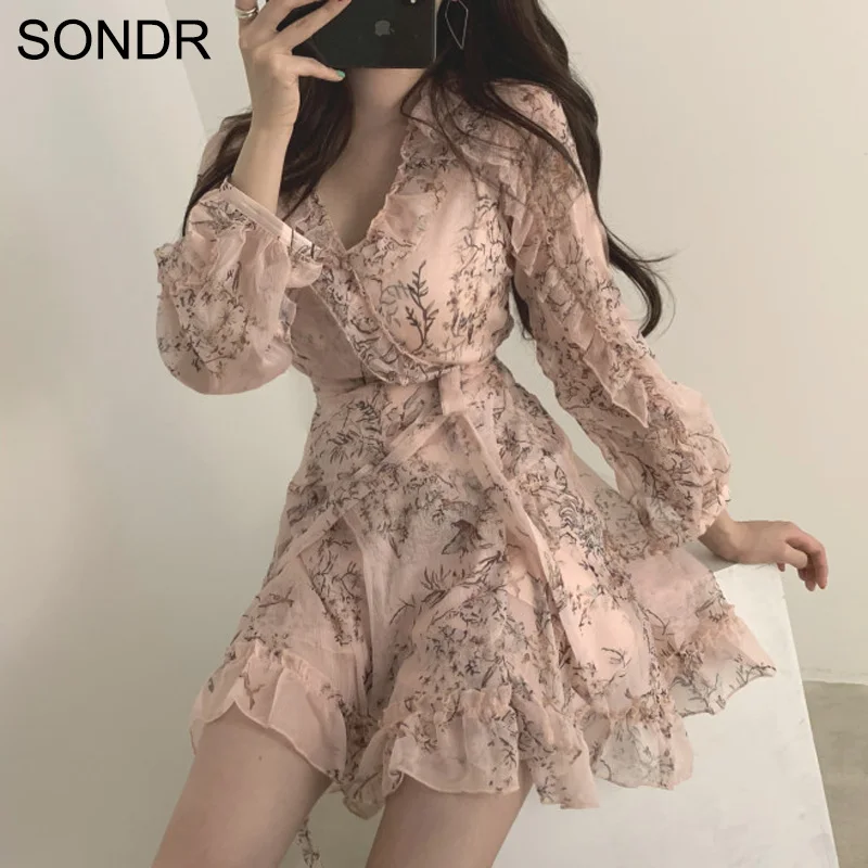 Элегантные корейские платья с вишневым принтом розовое платье оборками и v