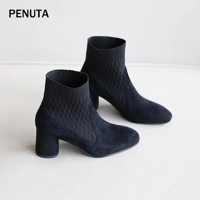 PENUTA; женские эластичные сапоги; замшевые ботильоны; Женская эластичная Осенняя обувь на не сужающемся книзу высоком массивном каблуке; дизайн; PD984