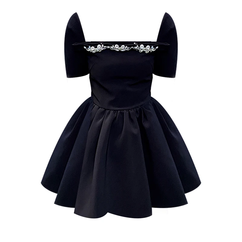 

2021 Summer New Black Rhimestone Tight Waist A- line Dress for Ladies Fashion Retro Square Collar Puff Sleeve Dress Female