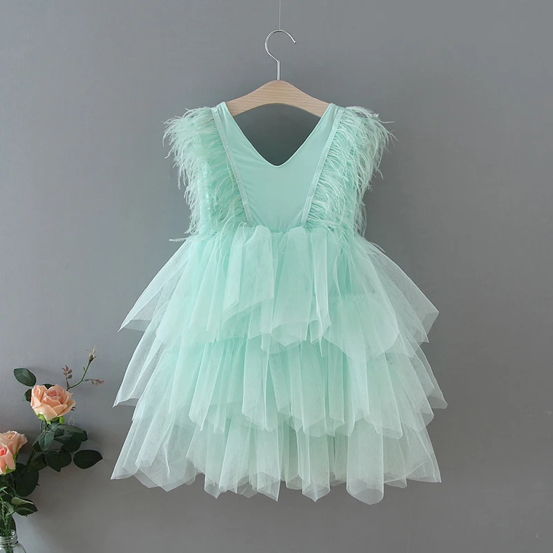 Vestidos de fiesta para ni&ntilde;as, novedad de 2021, cuello en V, pluma, tul esponjoso, pastel, vestidos de princesa para espect&aacute;culo de boda, ropa de beb&eacute; E1955-2