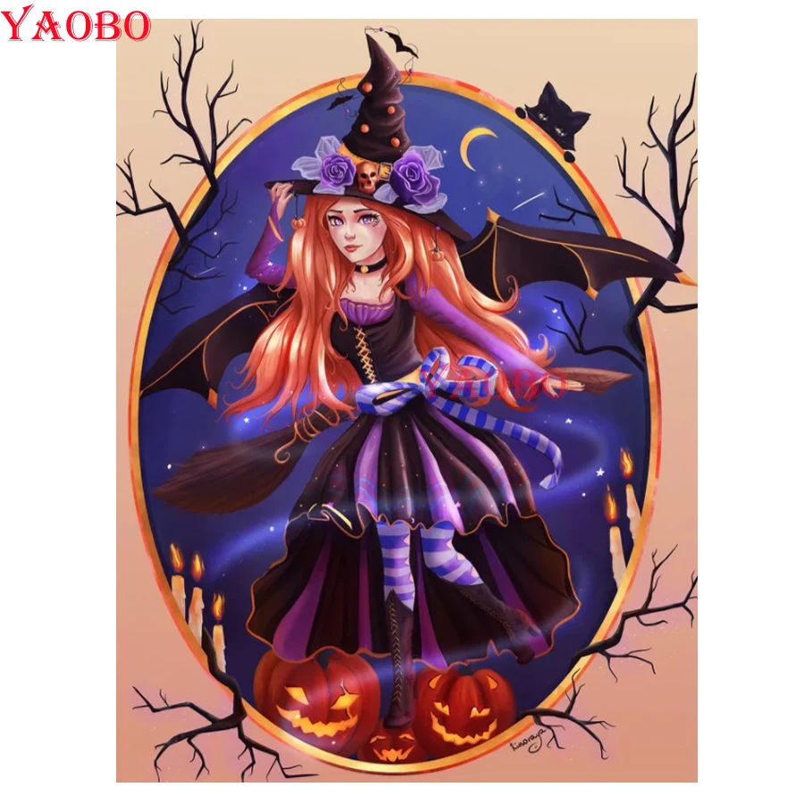 

5D DIY Diamond Painting 100% Full Square/Round Drill Cartoon Witch Pumpkin Halloween Picture Diamond Embroidery Cross Stitch 3D