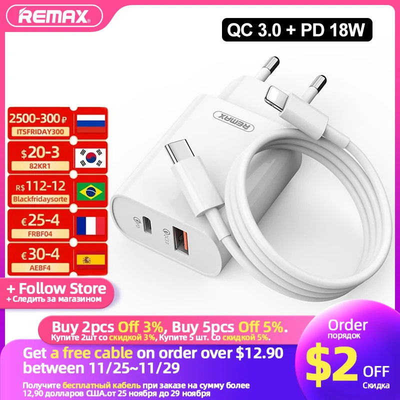 

Remax QC 3.0 Phone Charger Quick Charge PD 18W Type C To Lightning Cable Fast USB Charging Adapter Set for iPhone 12 13 Xiaomi