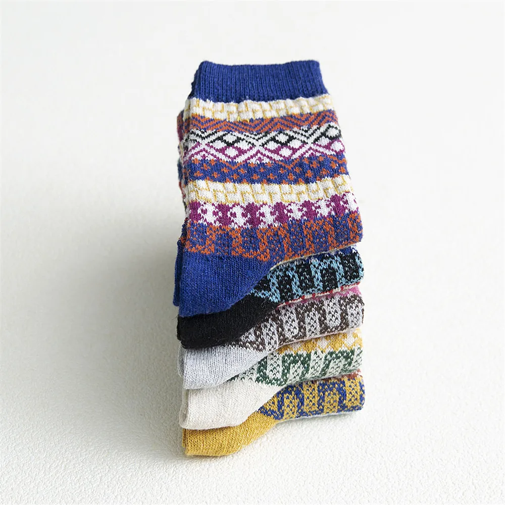5 Pairs Wool Socks Multicolor Fashion Warm Wool Cotton Knit Thick Winter Crew Socks for Women