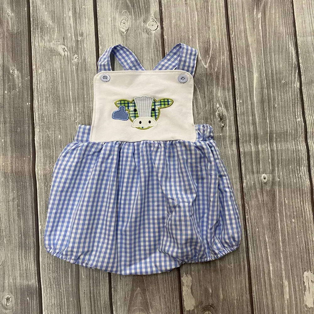 

Handsome Pure Cotton Baby Boy Romper Blue Plaid Sleeveless With Cow Head Embroidery Casual Children'S Triangle Jumpsuit
