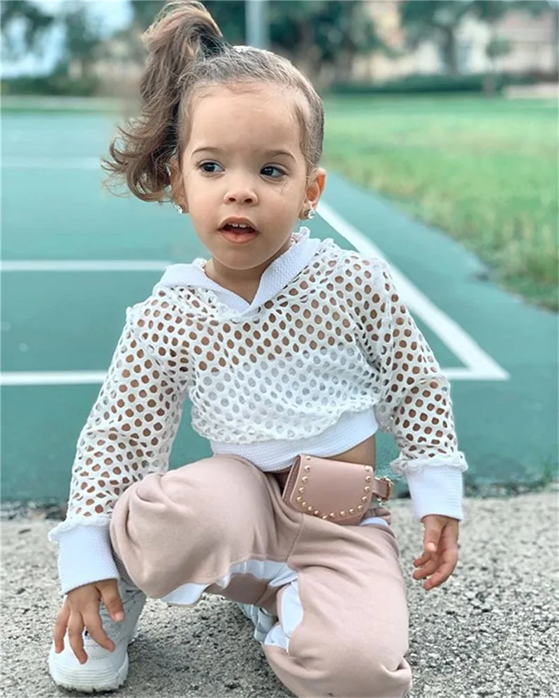 Спортивный костюм для маленьких девочек сетчатые Топы с капюшоном и штаны наряды