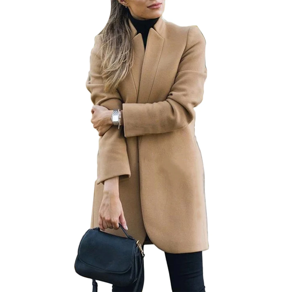 

2020 New Womens Woolen Coat Office Lady Autumn Solid Color Stand Collar Woolen Long Coat Cardigan For Womens Clothings