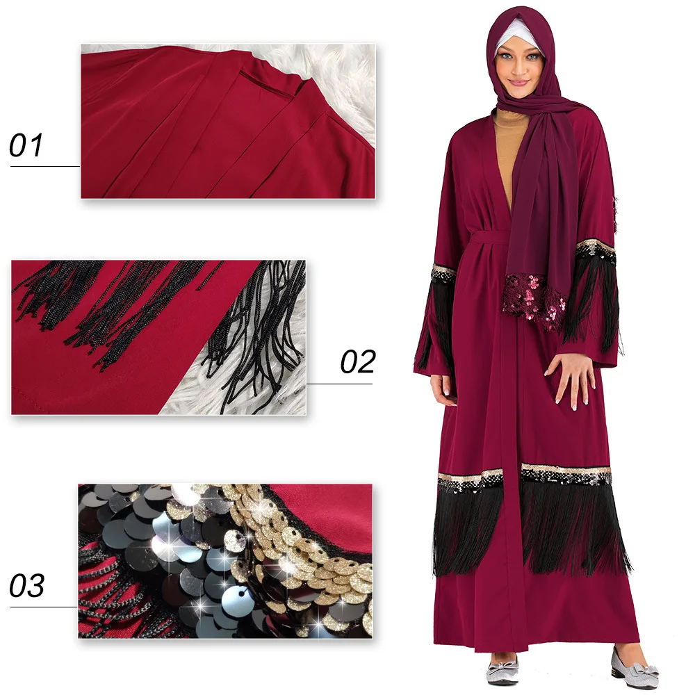 

Donsignet Muslim Fashion Middle East Eid Duabi Abaya Turkey Robe Sequin Fringe Abaya Cardigan Kimono Belt Robes Muslim Dress