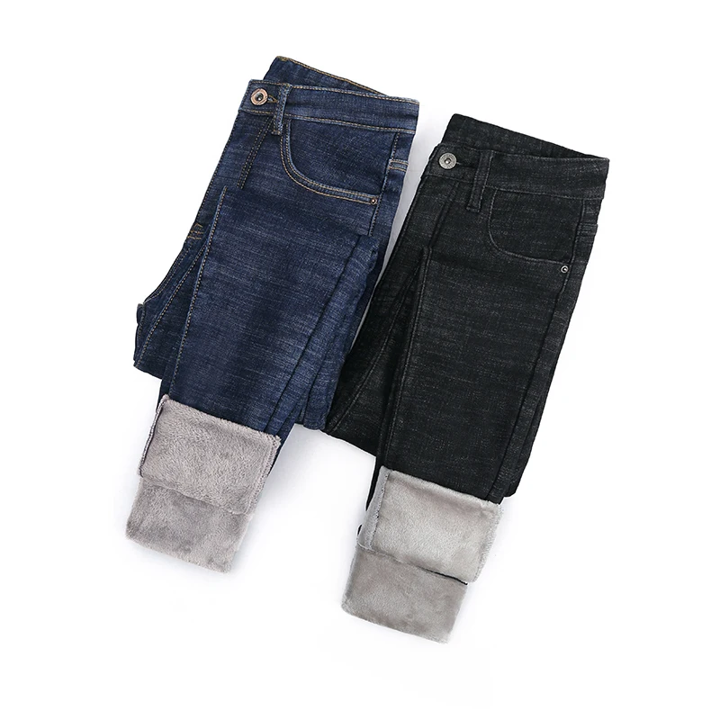 

2021 Winter Women Fleece Warm Straight Jeans Lady High Waist Slim Pencil Long Pants Female Thicken Plush Stretch Denim Trousers