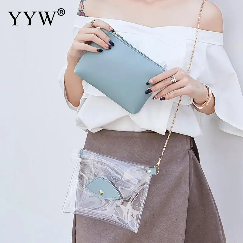 

YYW 2018 Satchel Transparrent Crossbody Bag For Women Bag Clear Jelly Blue Chain Pvc Bag Candy 2 Pcs Bag Designer Purse Bolsa