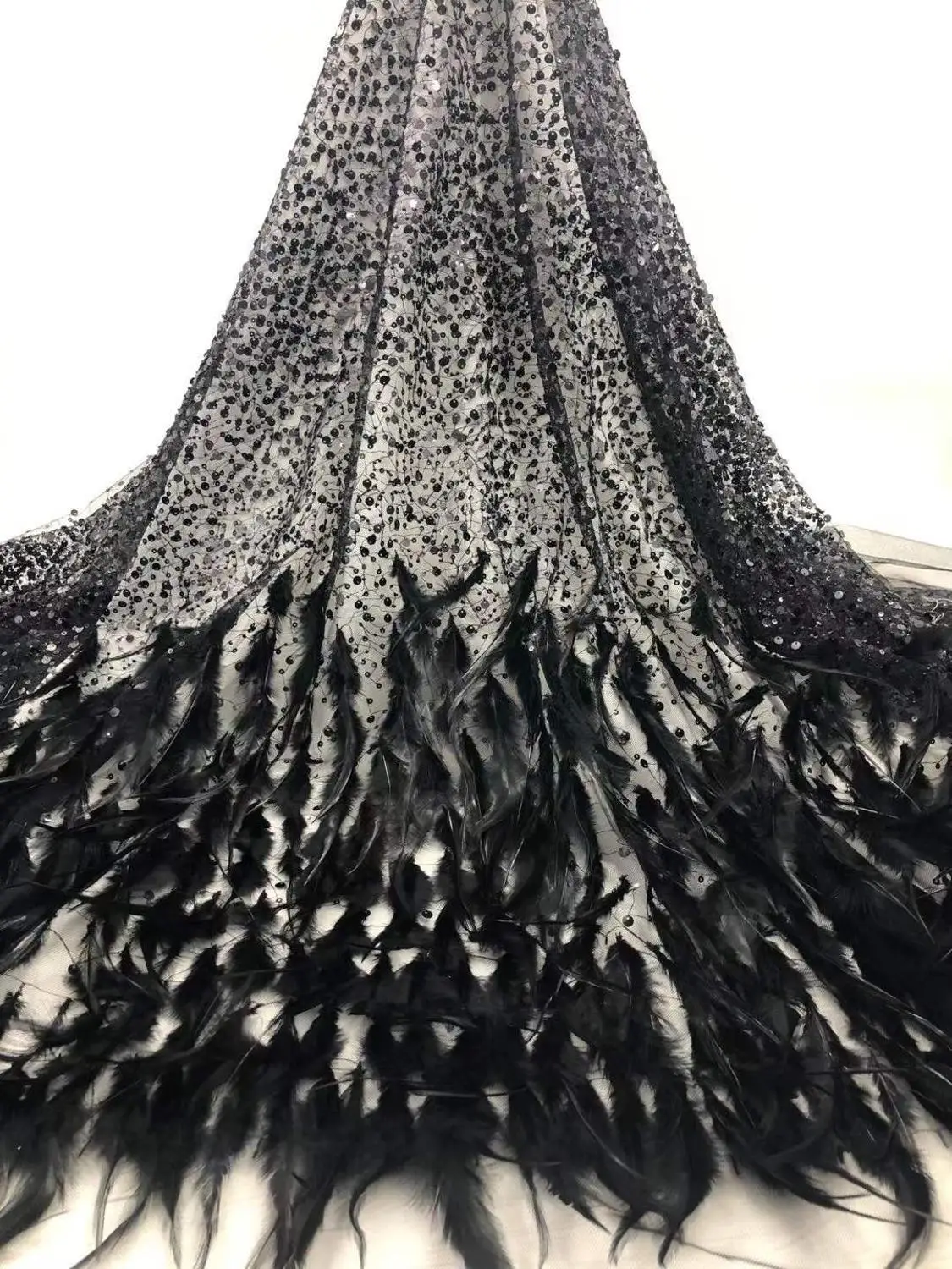 

HFX NEW High Quality African Lace Fabric 2020 Latest 3d feather Tulle Nigerian Lace With Sequins And Feather free shipping H3677