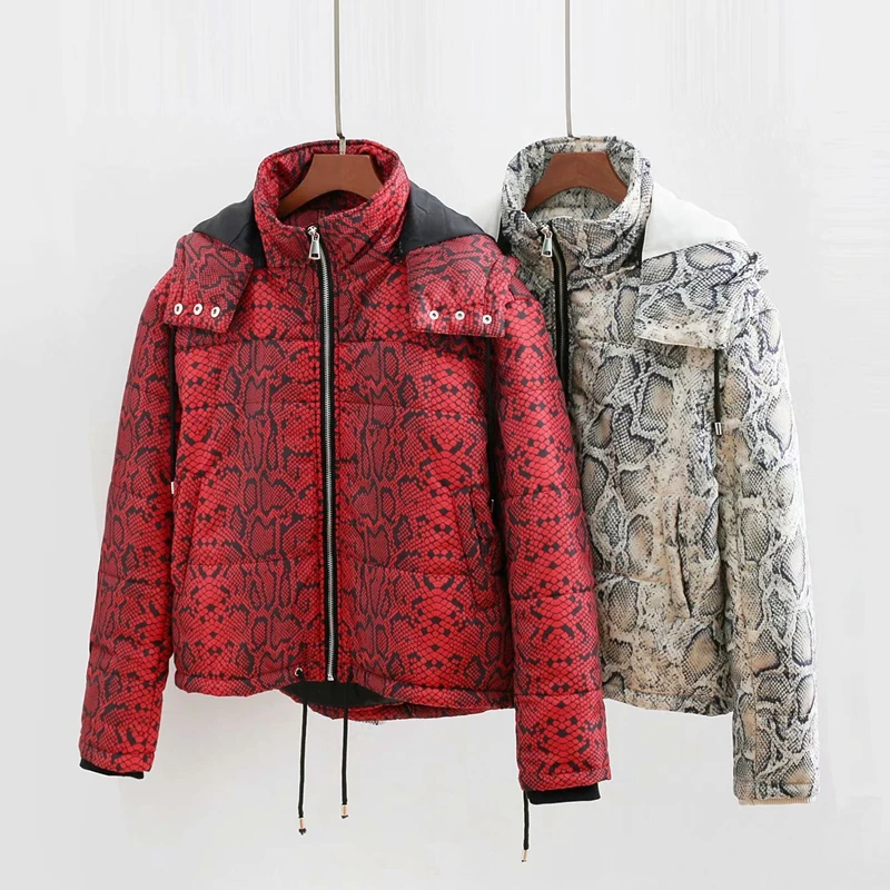 Женские зимние пальто 2019 животный принт змеиной кожи парка теплое Стеганое парки