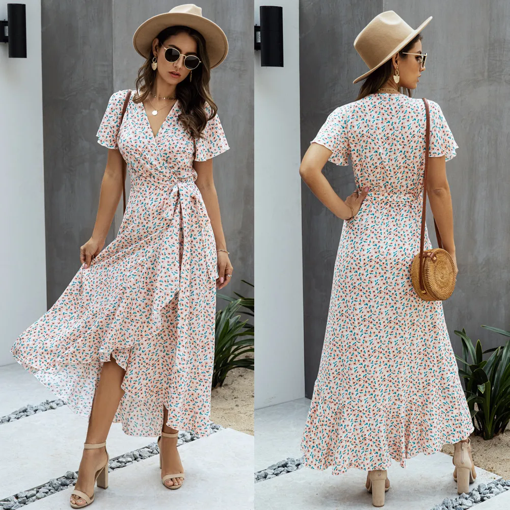

2020 Women Sexy Summer Casual Elegant Dresses Polka Dot Sexy Deep V-Neck Ruffles Long Dress Boho Fashion Sashes Belt Dress