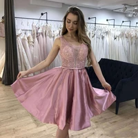 sparkly pink homecoming dresses 2022 a line v neck sleeveless sequined backless short sweet party prom gown for girls satin