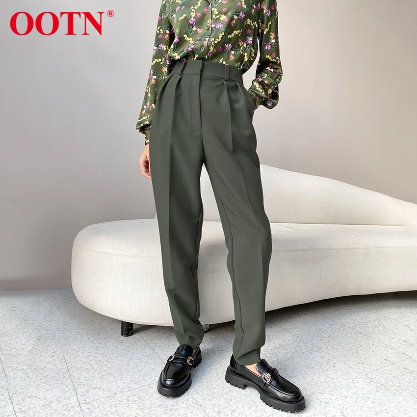 

OOTN Fashion Green All-Match Trouser High Street Elastic Waist Spring Pencil Pants Women Classic Casual Zipper-Up Pleated Pants