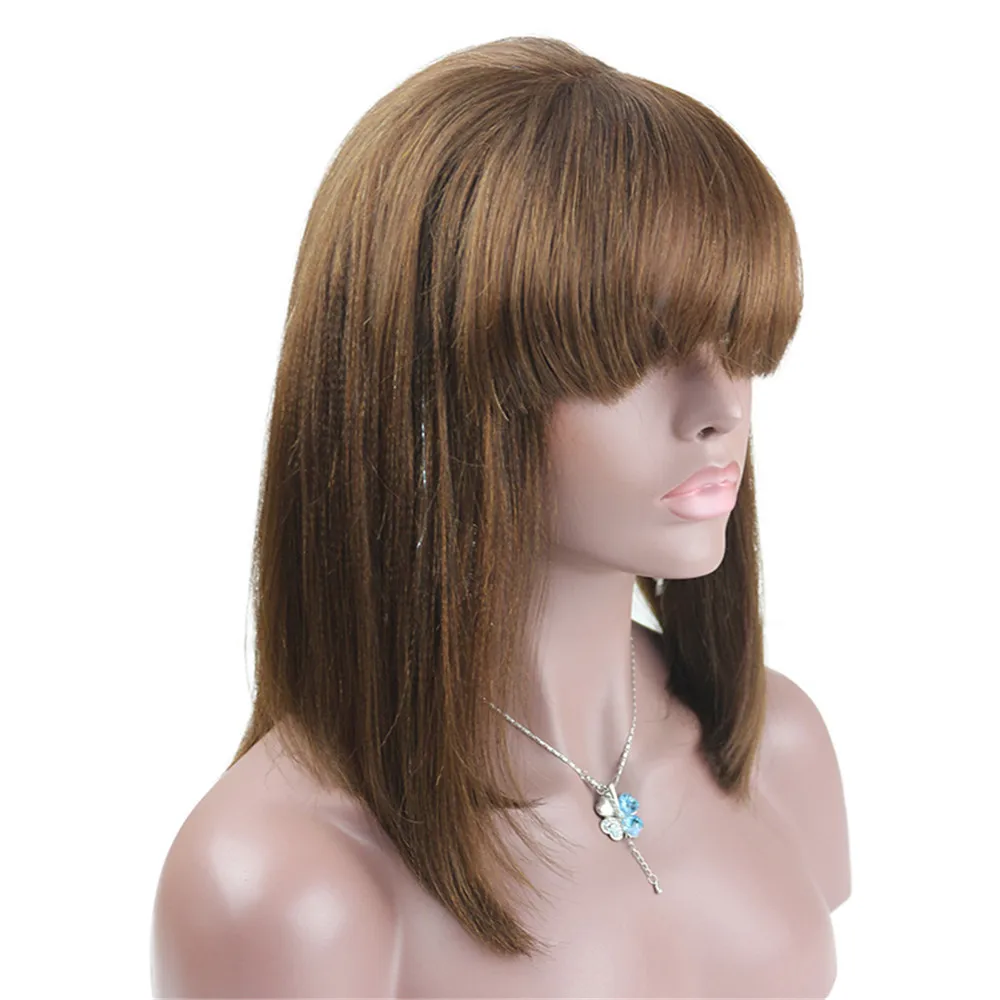 Eseewigs Light Yaki Lace Front Human Hair Wigs With Bangs Brown Color Remy Human Hair Glueless Wig for Women Baby Hair Around