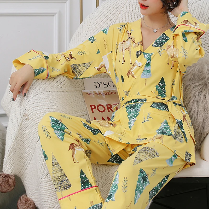 Пижама женская милые женские пижамы 2 шт. пижама теплая с длинными рукавами