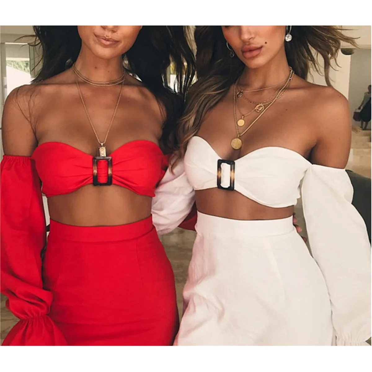 

Женский сексуальный топ с открытыми плечами и длинным рукавом с пряжкой + юбка-карандаш комплект из двух предметов без бретелек пляжный пра...