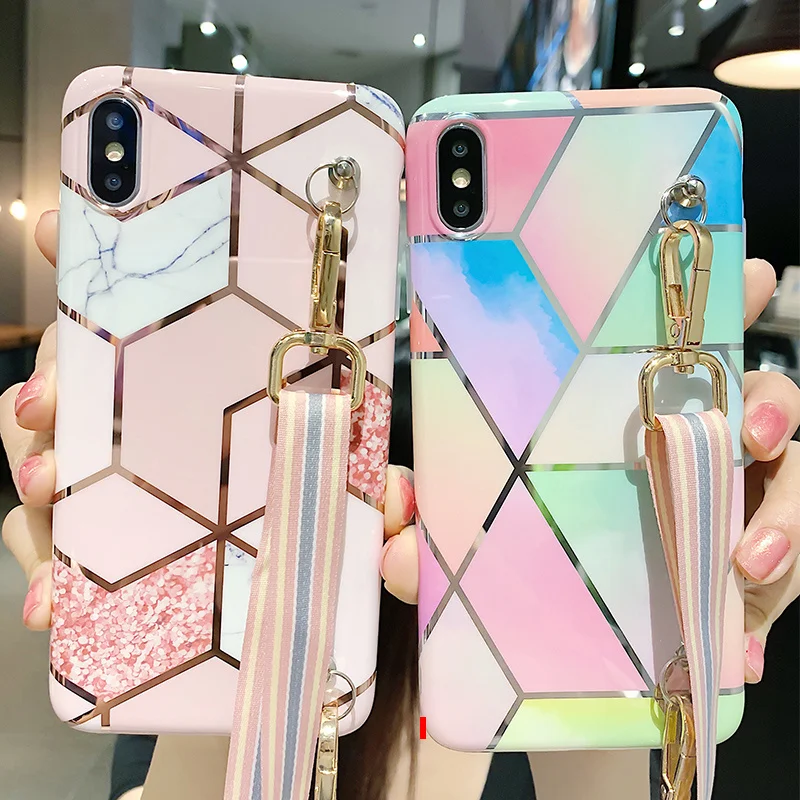 

Crossbody chain phone case For iphone 12 mini 11 pro X XS MAX XR 6 6S 7 8 Plus Luxury Painted plating rhombus marble phone cover