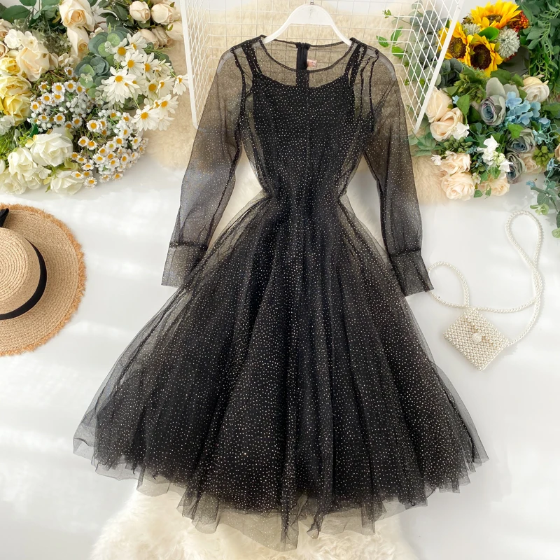 2019 Новая мода Женская одежда осень сетчатые платья платье с длинными рукавами