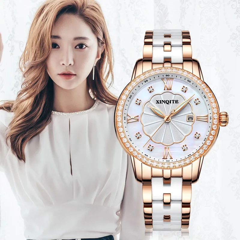 Роскошные женские часы с керамической вставкой кварцевые наручные бриллиантами