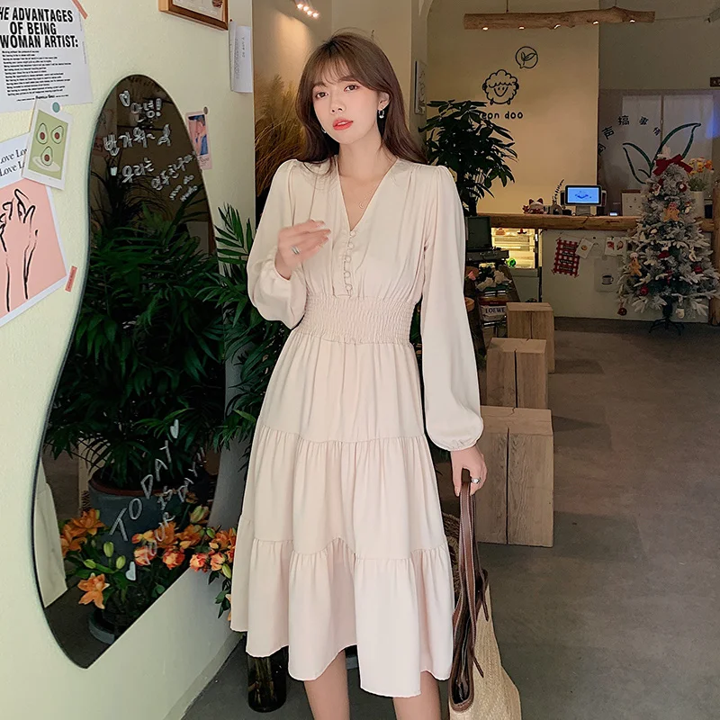 

French Chiffon Dress Women Long Sleeve Solid Color Vintage Retro Dress Office Lady Casual Summer Elegant Maxi Dress Women 2021