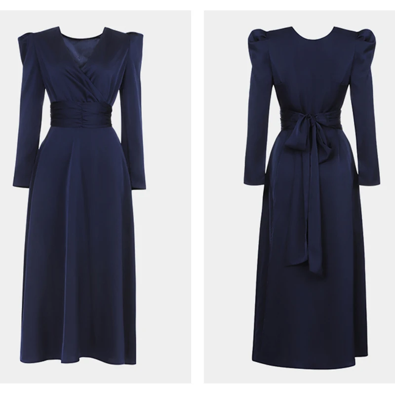 

Backless Elegant Long Midi Dress Women Split Vintage Party Dress O-Neck Long Sleeve Office Lady Bow Lace Up Sexy Runway B696