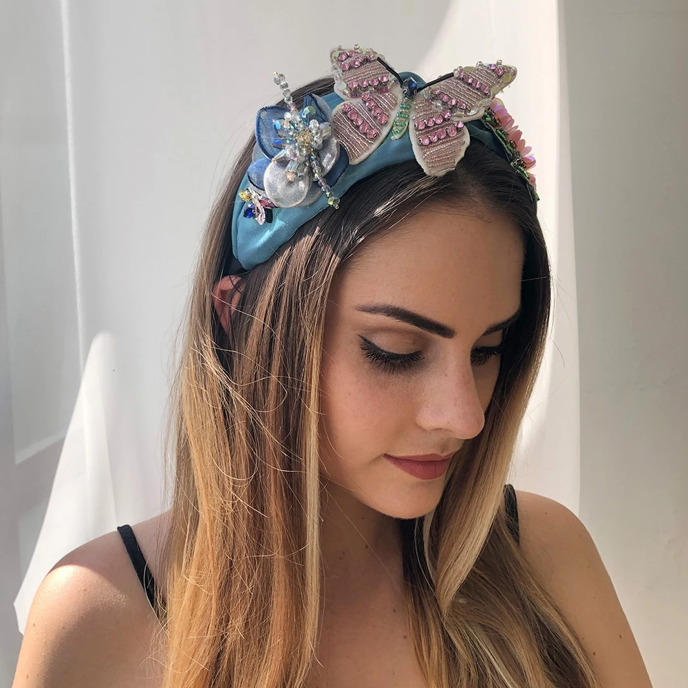 Big Butterfly Flower Headband Women Rhinestone Crystal Hairband Soft Stain Sequins Head Bands Spring Summer Hair Accessories