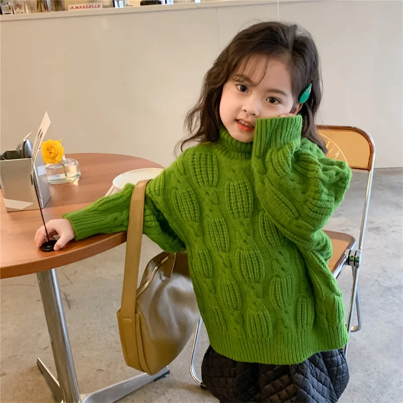 

Girls Boys Sweater Kids Coat Outwear 2022 Green Plus Velvet Thicken Warm Spring Autumn Knitting Wool Cotton Long Sleeve Children