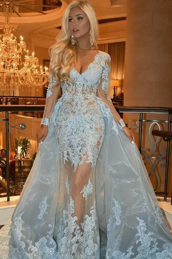 

Vintage A-Line Long Lace Light Blue Evening Dresses with Sleeves Floor Length Tulle Zipper Back Formal Party Dress for Women