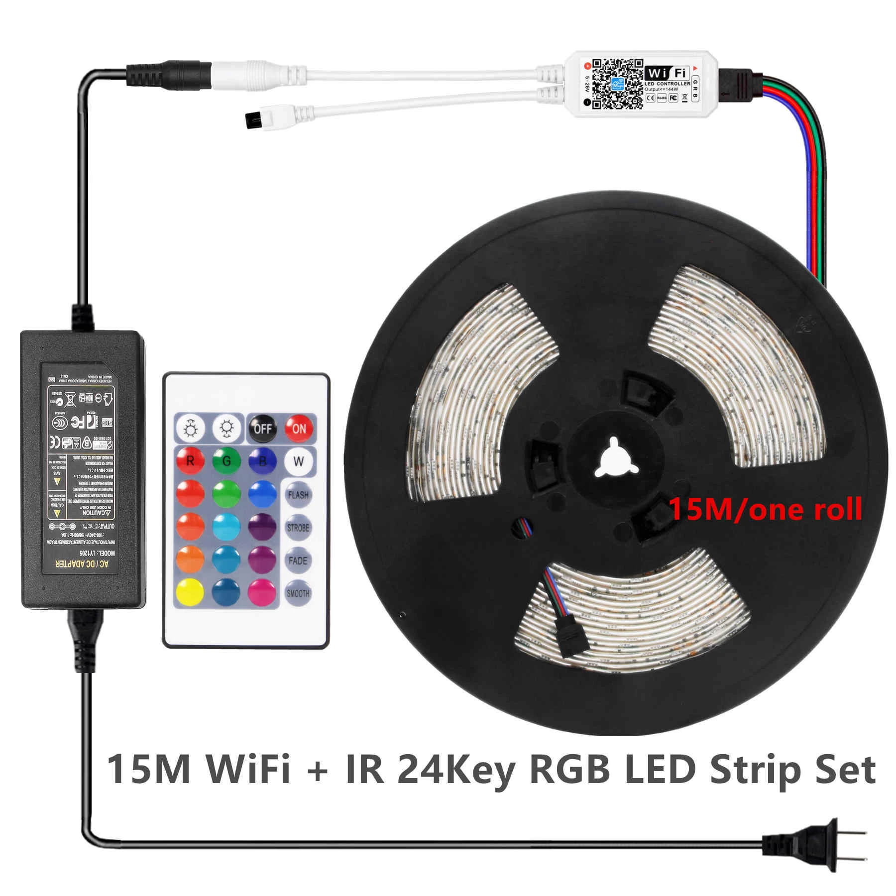 WiFi 15M Set 15M WiFi LED Strip Light RGB Tape Diode Neon Ribbon tira fita SMD 5050 30M Flexible Light String With WiFI Controller adapter - Emitting Color: WiFi 15M Set