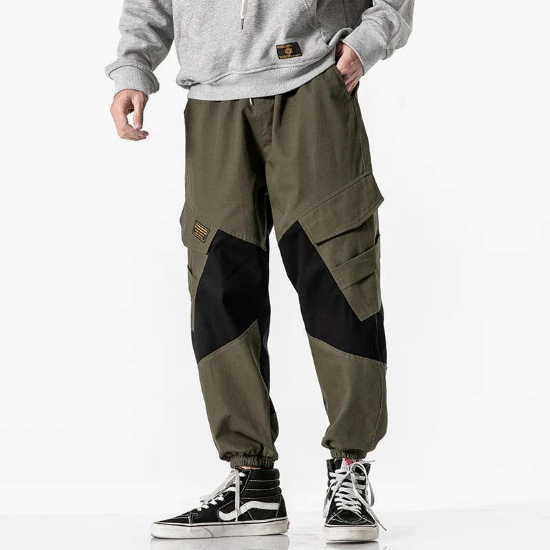

New Japanese Style Casual Color Panelled Men's Jogger Harem Pants Fashion Cotton Cargo Trousers Big Size Streetwear