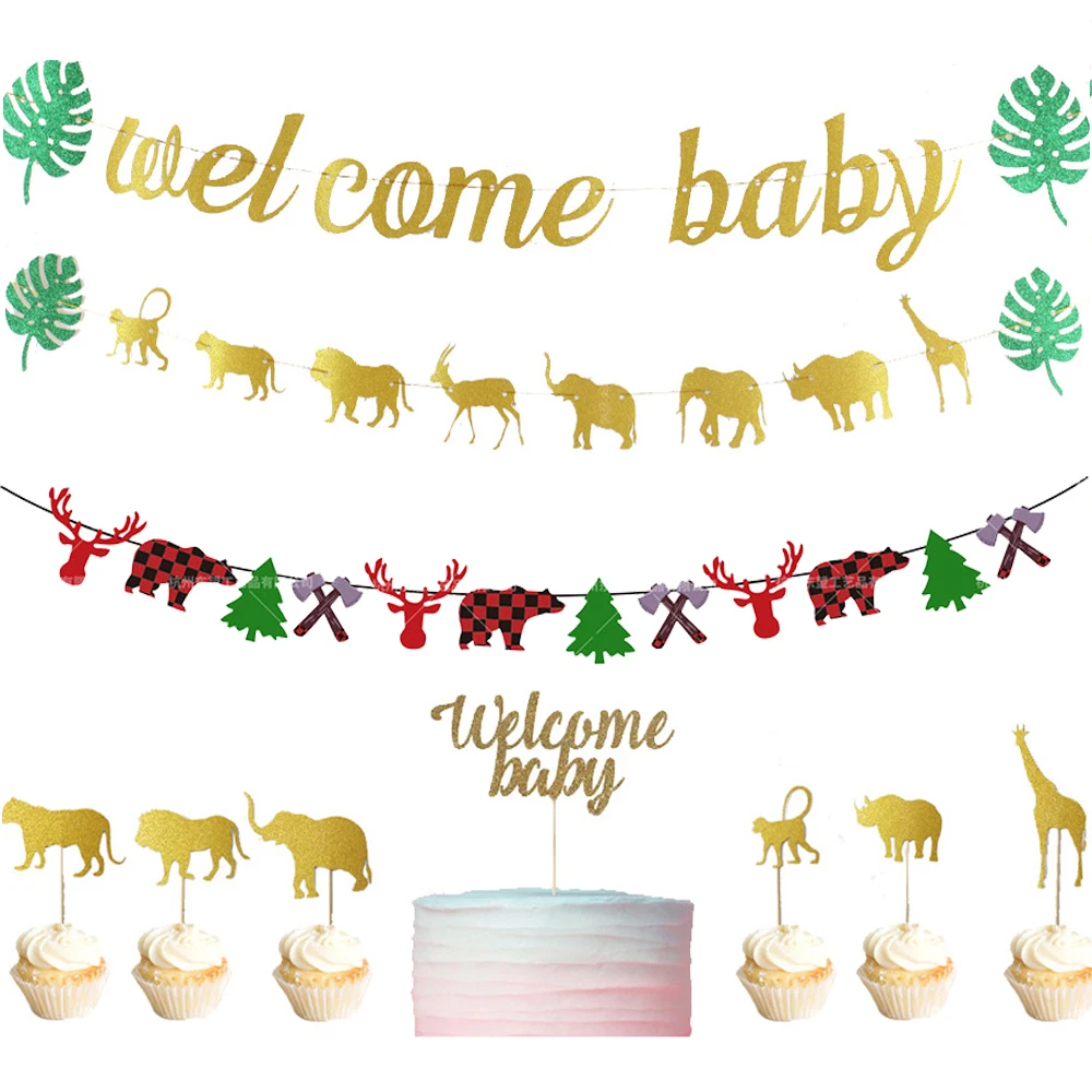 Baby Shower животных блестящих Бумага баннер гирлянды из флажков джунгли вечерние