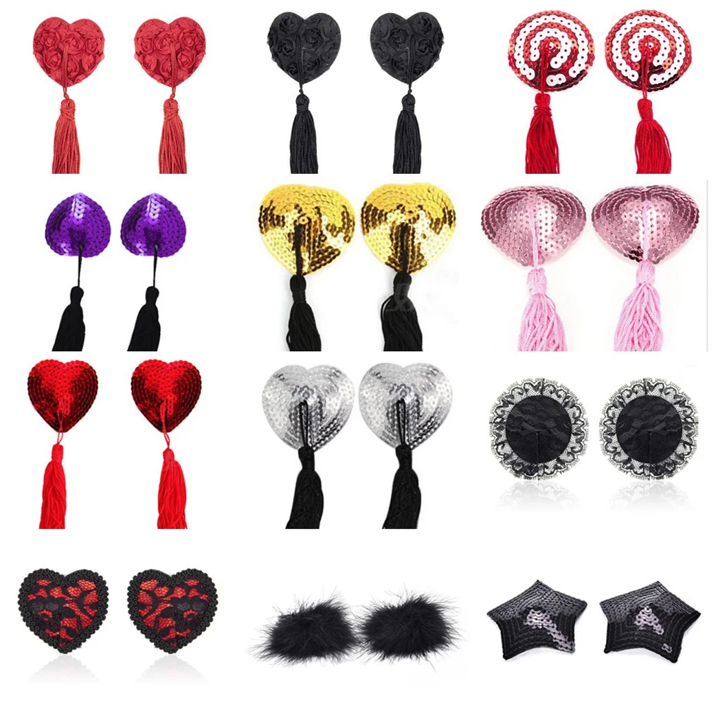 1 Pair Sex Product Sexy Sequin Nipple Covers With Tassels Heart Shape Stickers Pasties Wholesale Chest | Женская одежда
