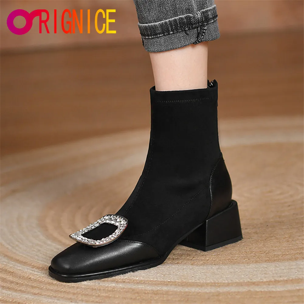 

Orignice Brand Cow Leather Flock Patchwork Women Ankle Boots New 2021 Crystal Fashion Square Toe Thick Medium Heel Party Shoes