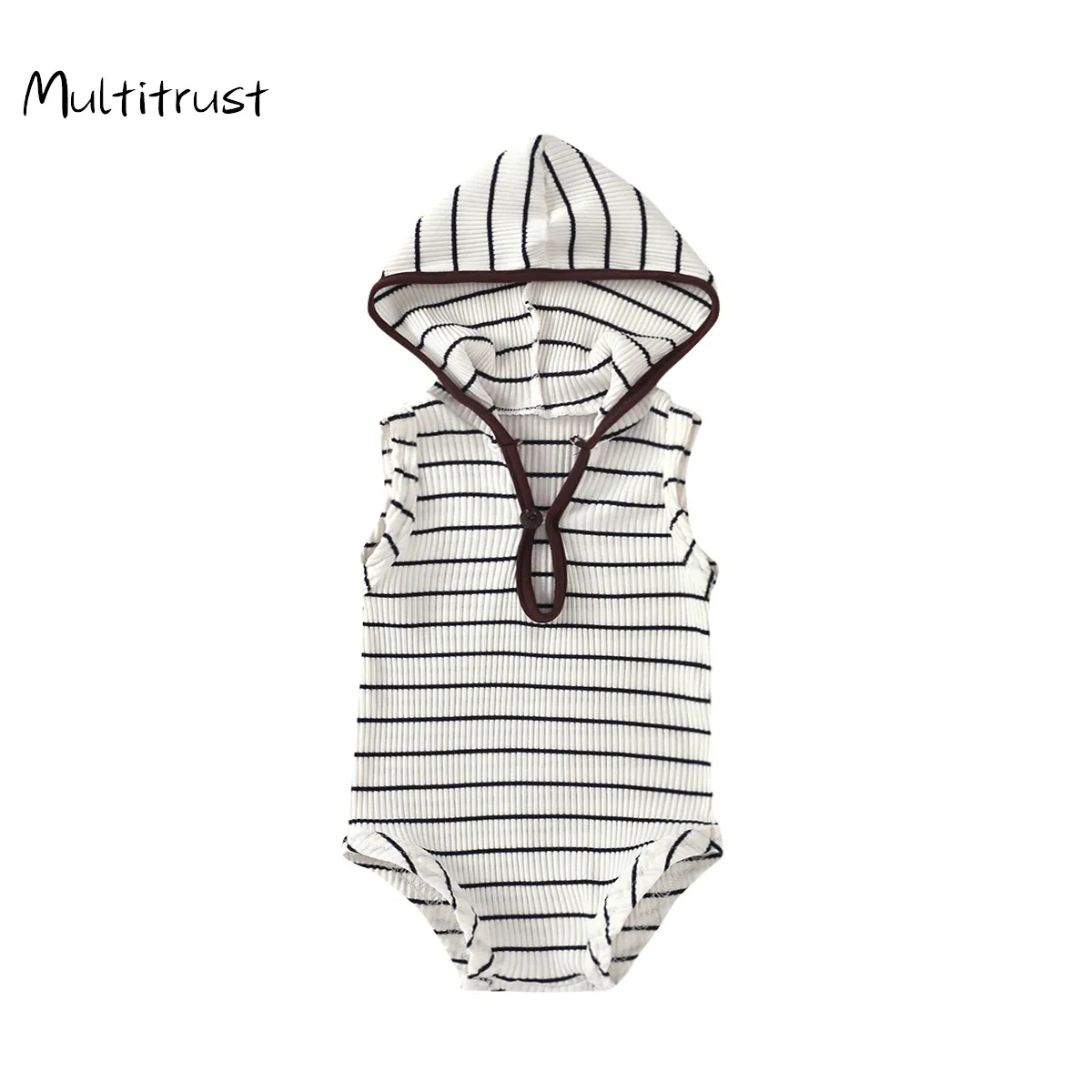 

Summer Newborn Toddler Baby Boys Girls Sleeveless Striped Hooded Knitted Bodysuit Jumpsuits Outfits 0-24M