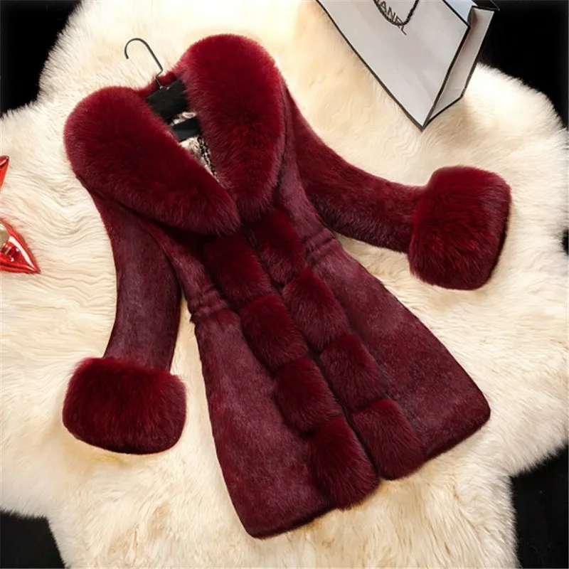 Winter Qualities Ladies Faux Fox Fur Outerwear Coats Three Quarter Sleeve V-Neck Slim Female Medium Length Coats Plus Size 5XL