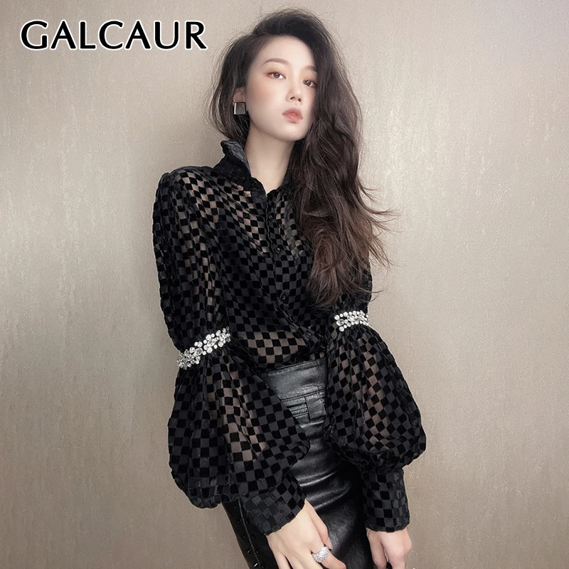 Прямая рубашка GALCAUR в клетку для женщин с отложным воротником и