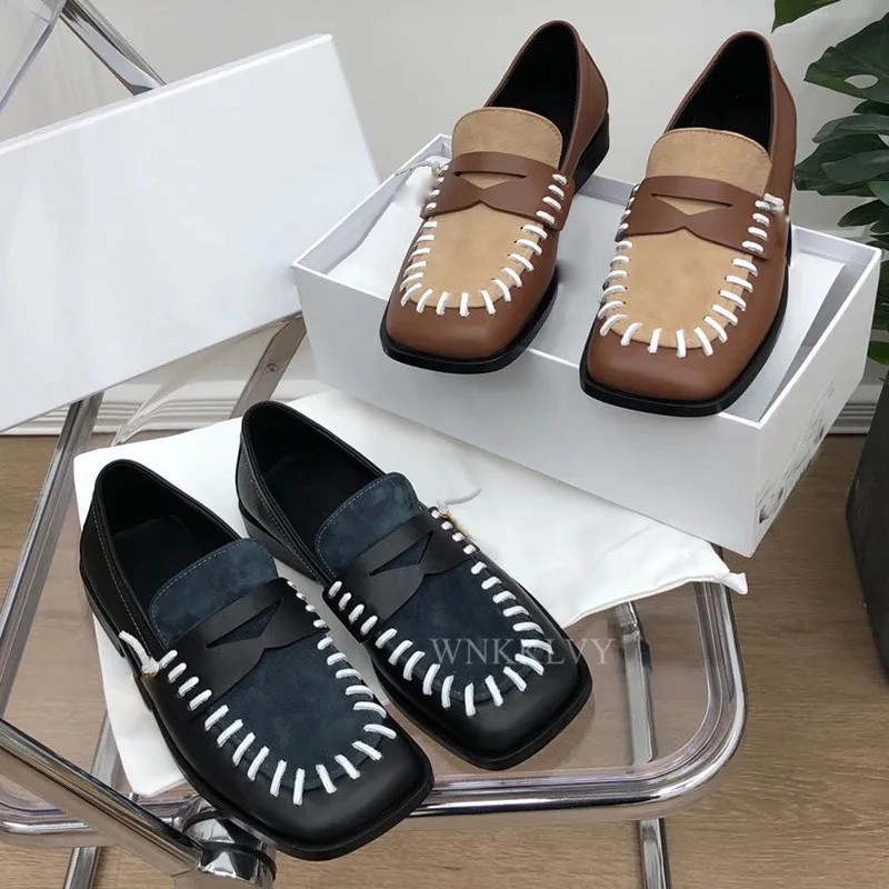 

Retro Square Toe Flat Casual Shoes Women String Rope Design Leather Suede Patchwork Shoes Neutral Spring Comfort Loafers 2021