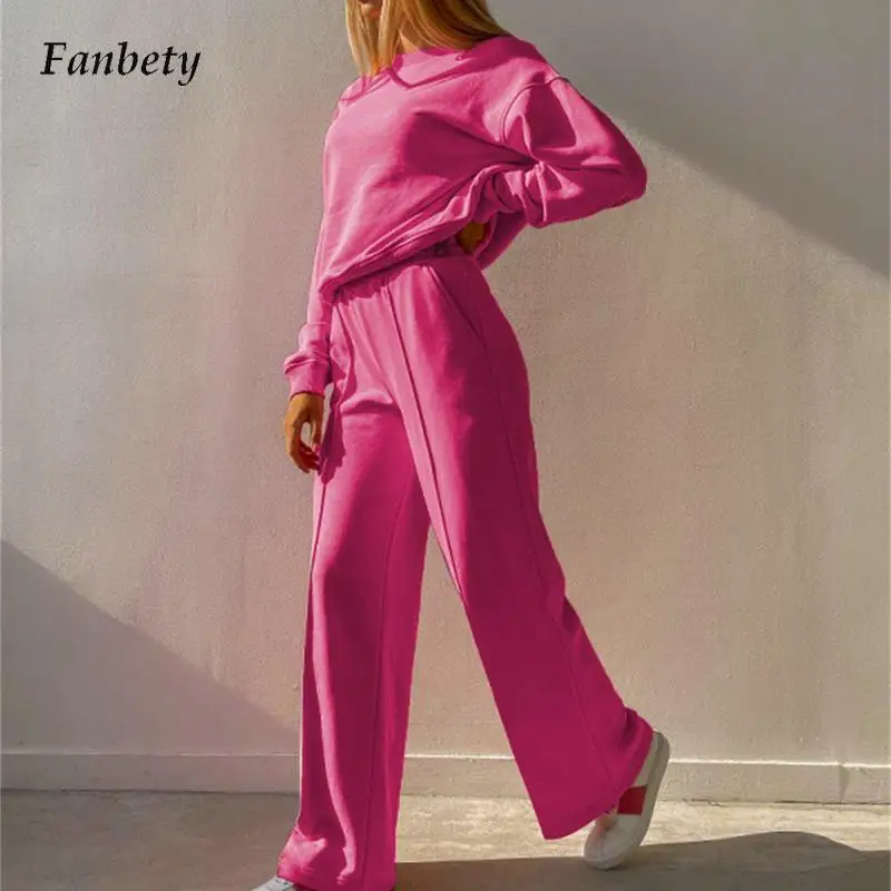 

Женский спортивный костюм с круглым вырезом, толстовка с длинным рукавом и широкие штаны