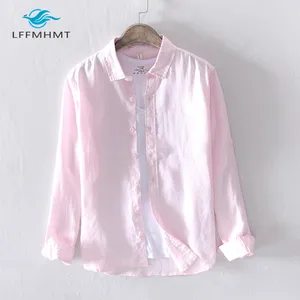 Рубашка мужская с длинными рукавами, модная брендовая винтажная Льняная блуза в японском стиле, повседневная приталенная, однотонная, 100%